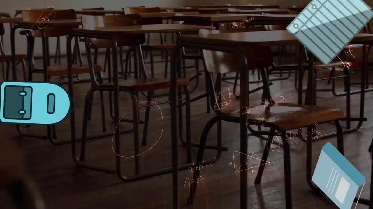 Animation of school items icons over empty classroom