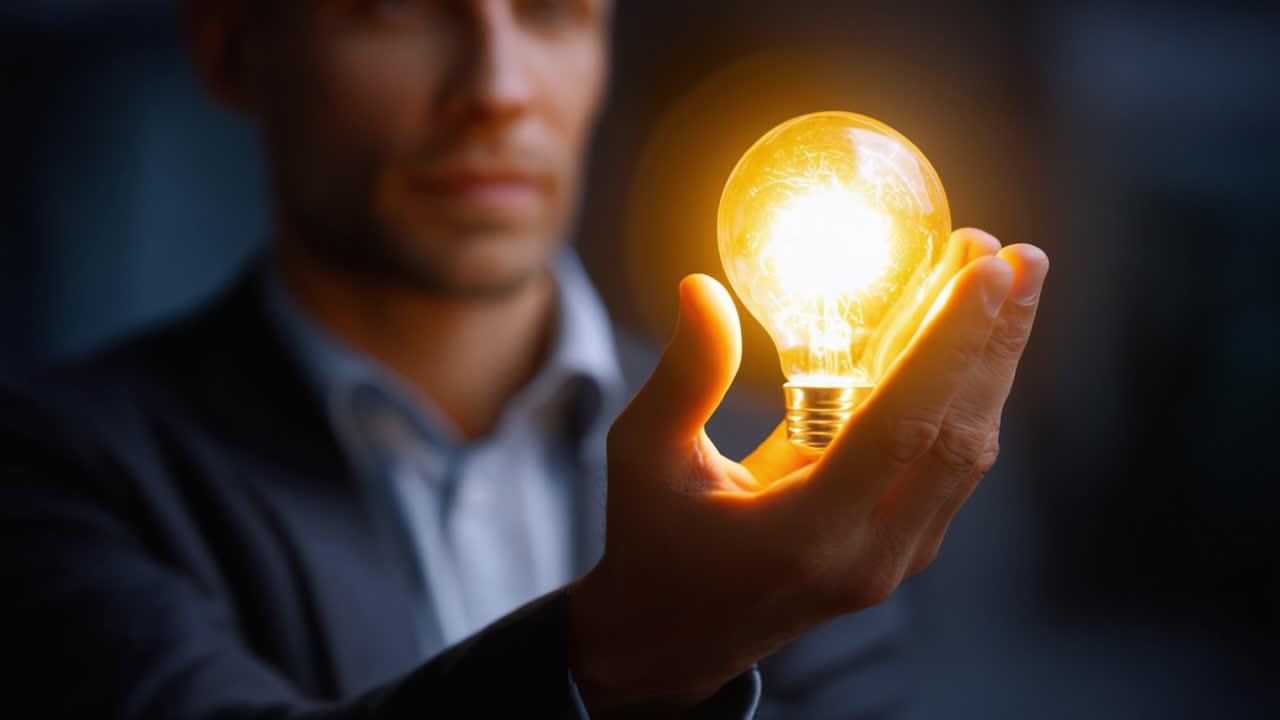 A businessman holds a glowing light bulb in his hand, symbolizing innovation, creativity, and the generation of bright ideas in a modern and professional setting