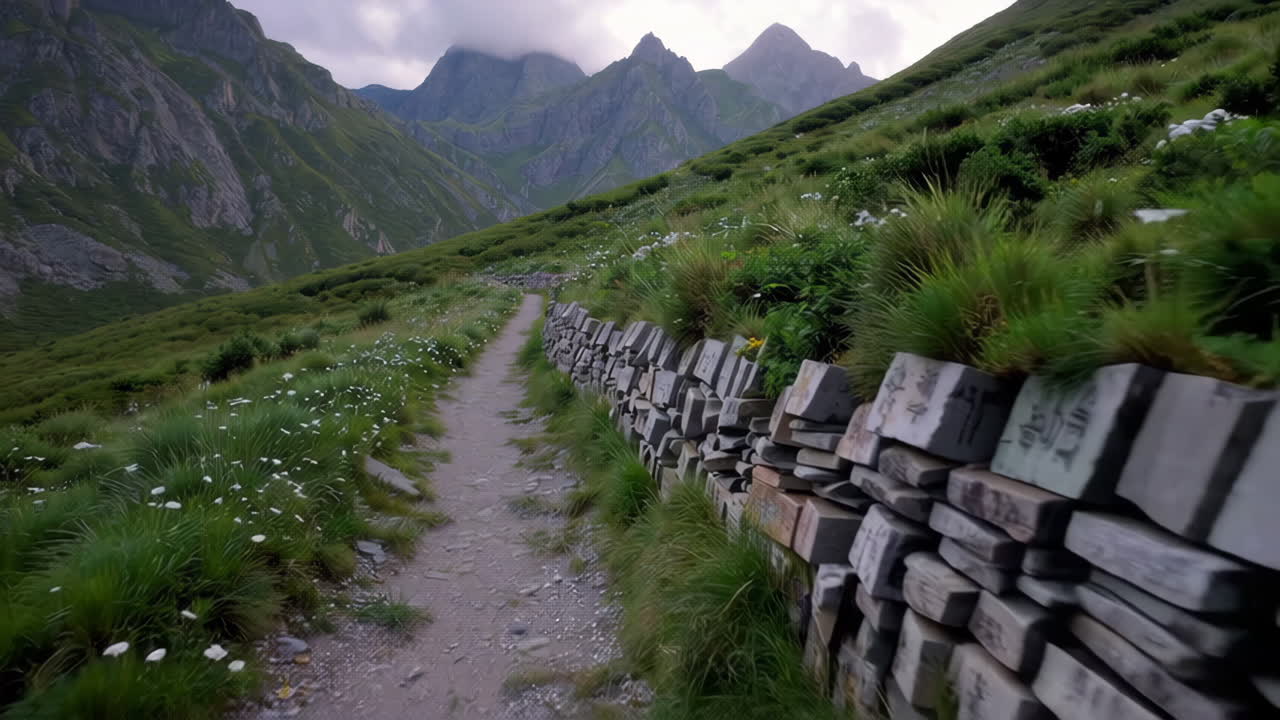 Mountain Hiking Trail with Stone Wall