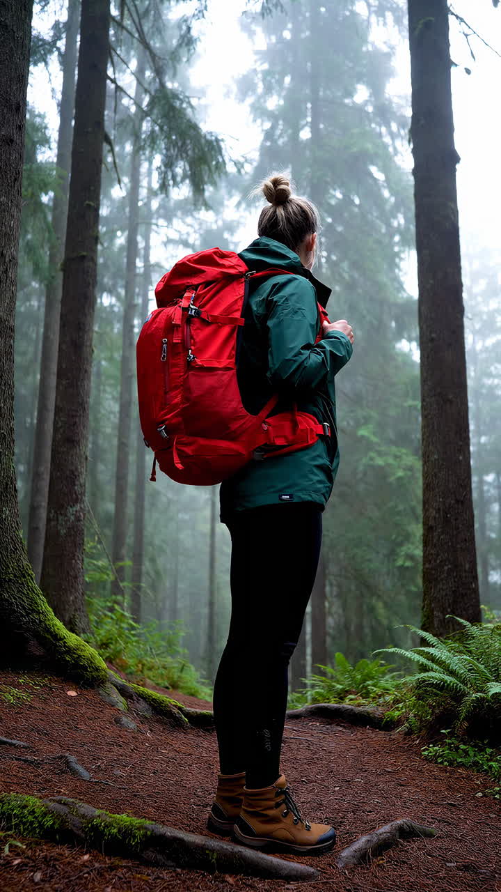 Donna con zaino rosso che fa trekking attraverso una foresta nebbiosa