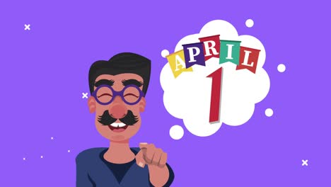 april fools day lettering with man wearing mask and speech bubble