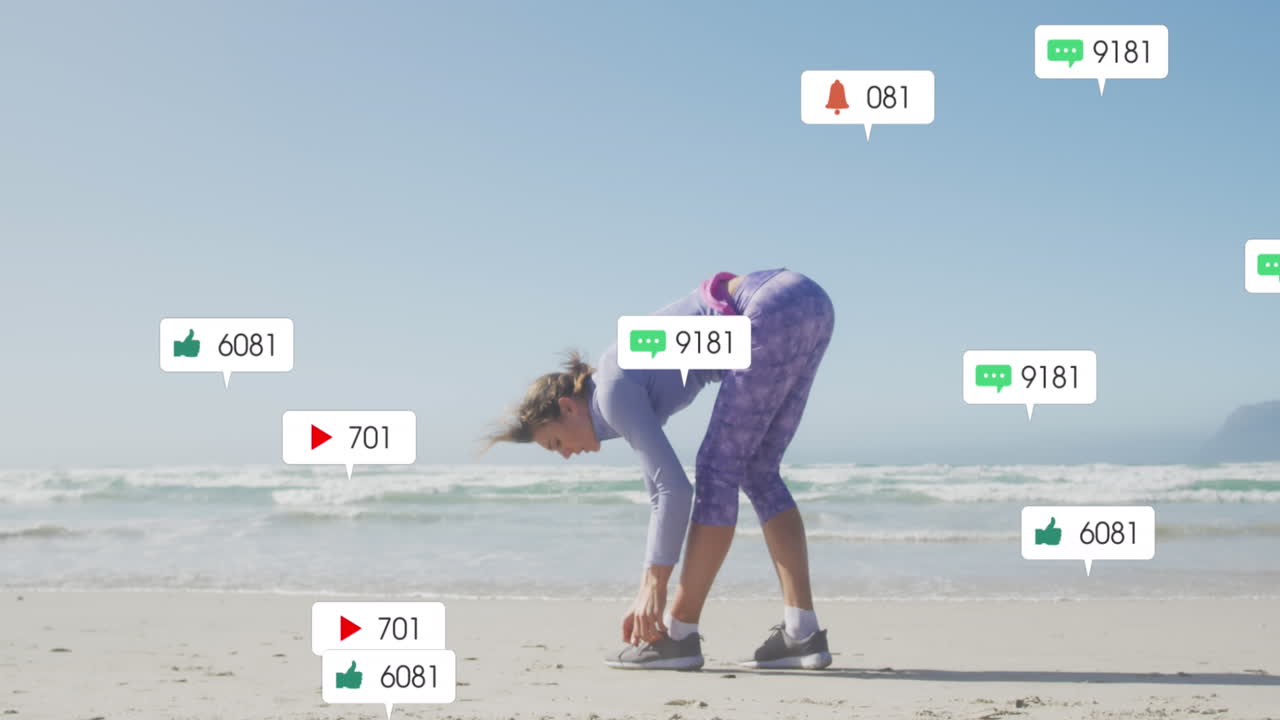Animation of social media data processing over caucasian woman in sports clothes on beach