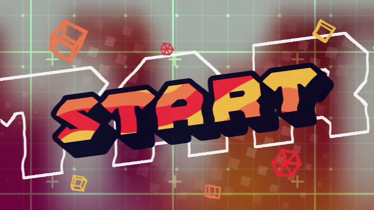 Animation of start text over shapes on white background