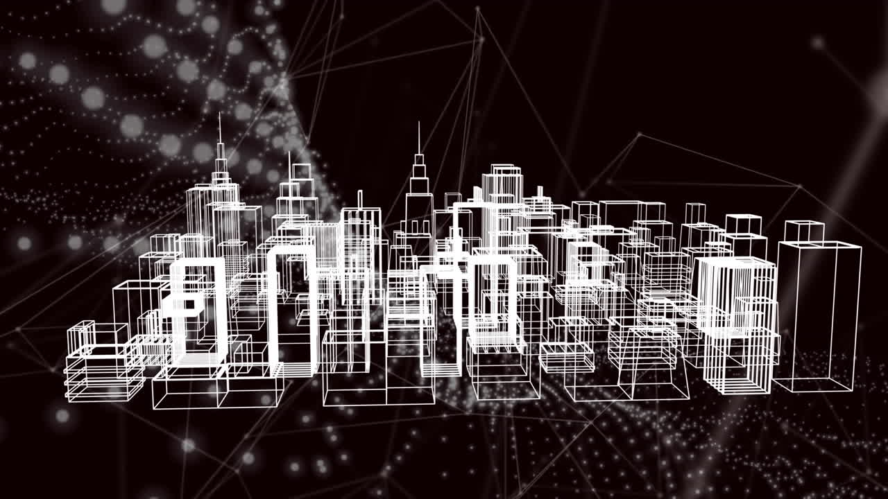 animación de modelos 3d de edificios que giran alrededor de patrones de ondas y puntos que se conectan con líneas
