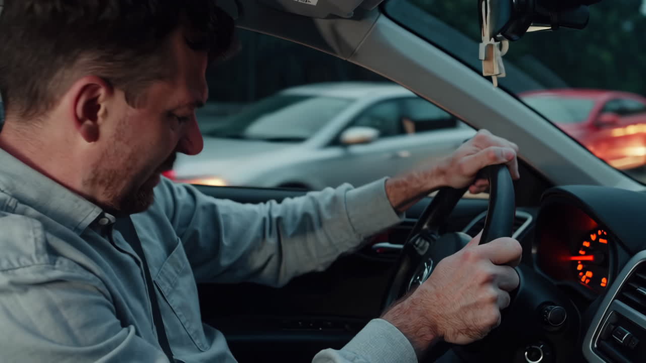 Man Driving in Traffic Experiencing Road Rage and Frustration