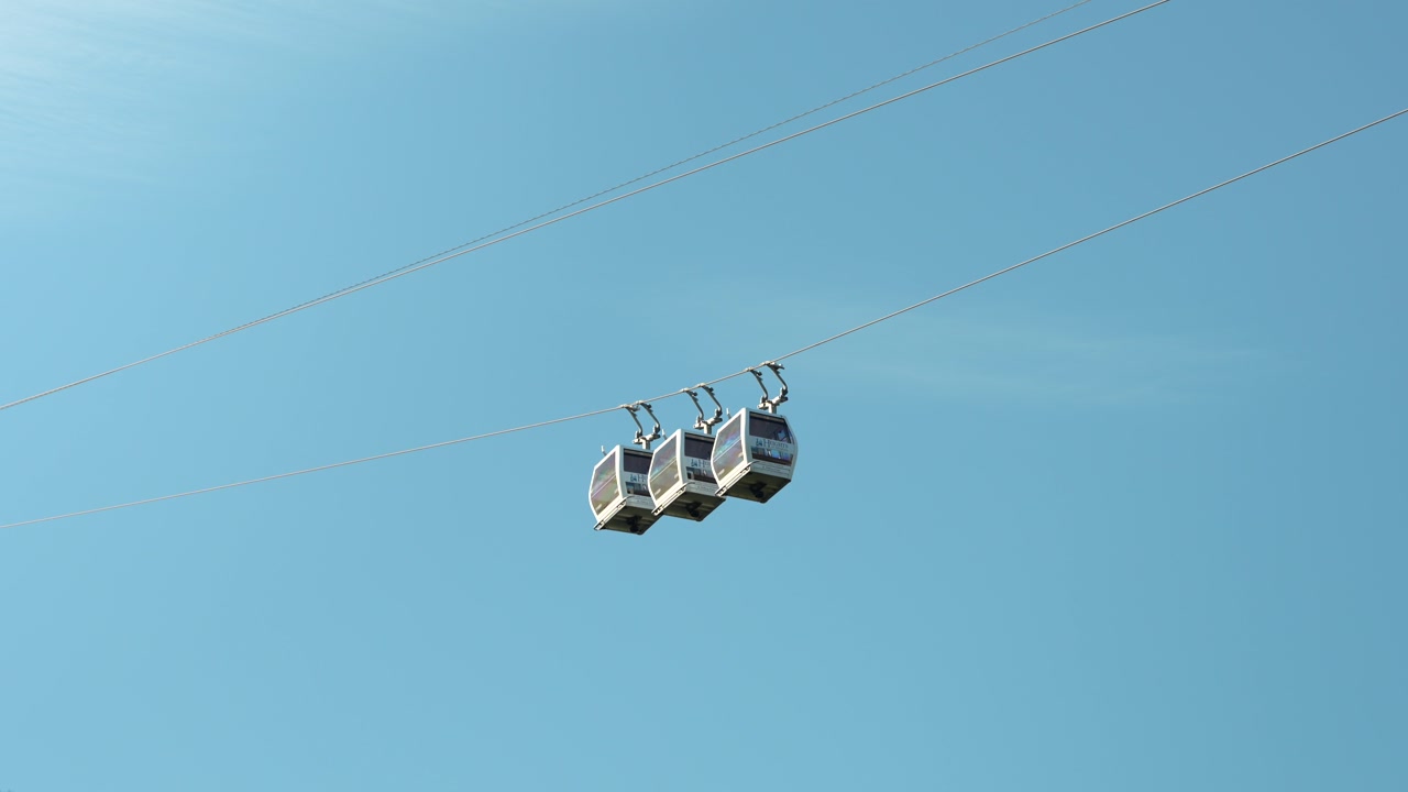 Three static cable cars suspended against clear blue sky