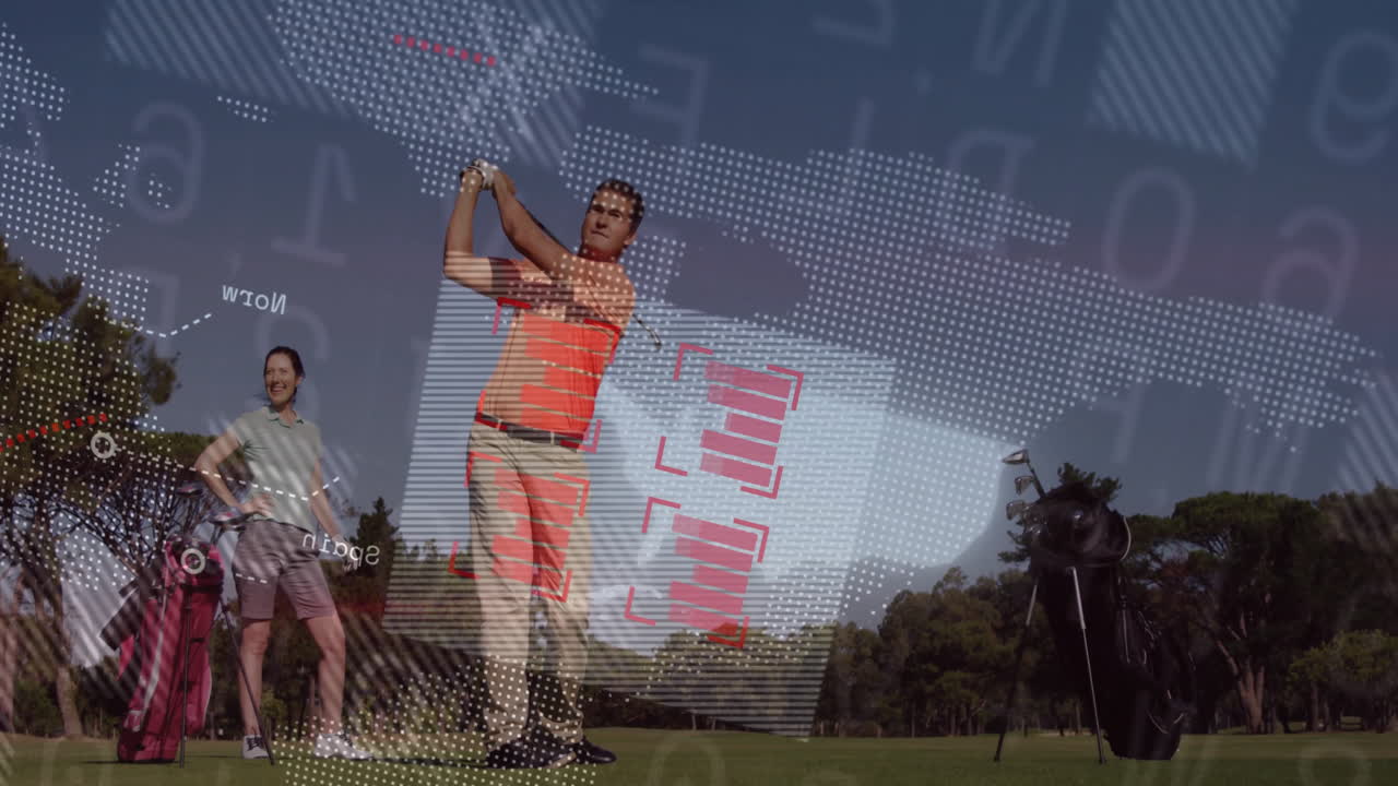Mature golfers swinging clubs on fairway showing tech HUD overlay with map patterns and bar charts
