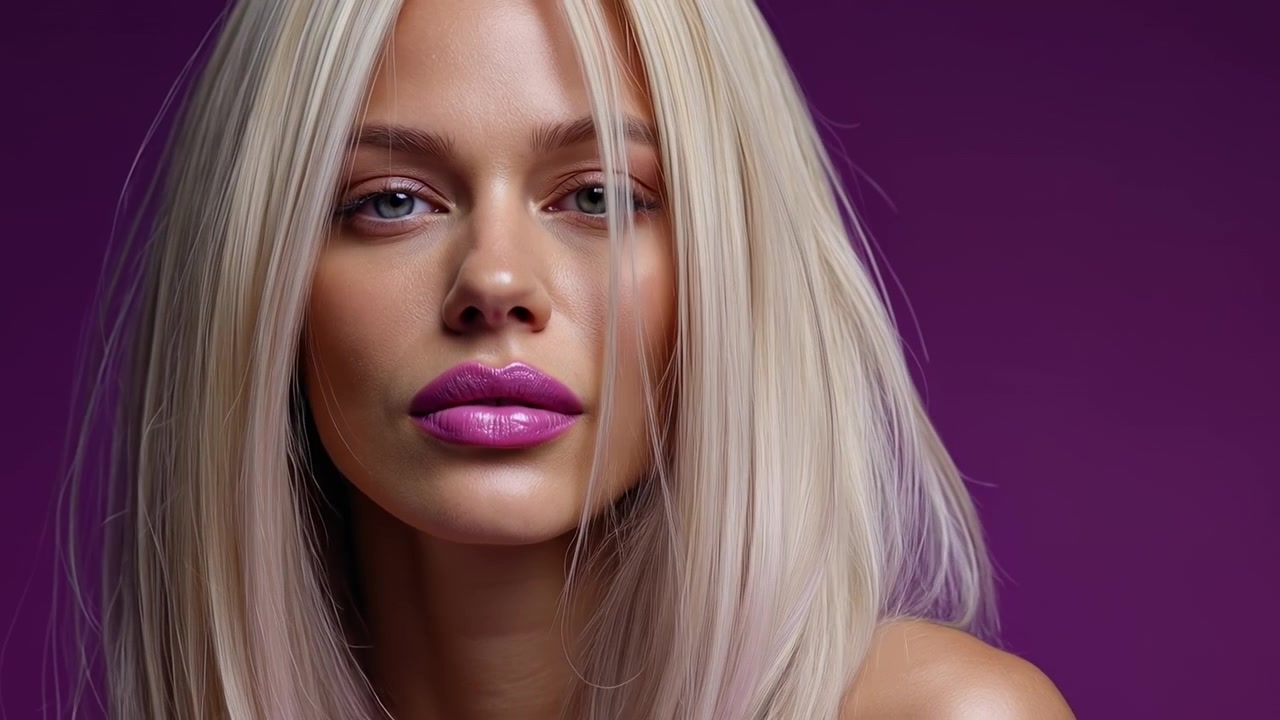 Ritratto ravvicinato di una donna con lunghi capelli biondi e rossetto viola brillante su uno sfondo viola scuro