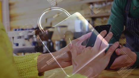 animation of network security padlock over people using payment terminal