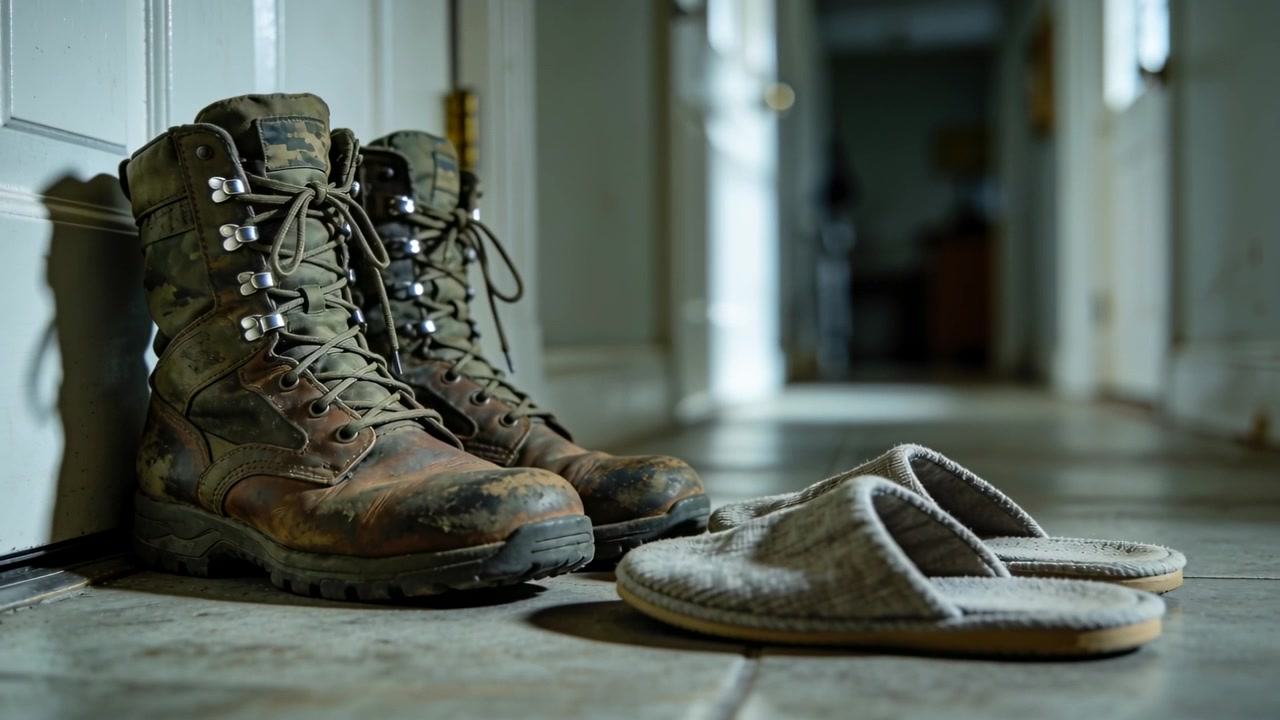 Moving camera pulling worn camouflage boots and gray slippers into focus in hallway, showing scuffs