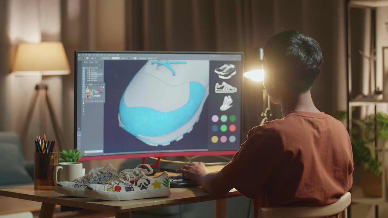Person designing shoes on a computer at night