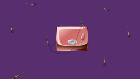 Animation-Des-Handtaschensymbols-Und-Der-Wimperntusche-Auf-Violettem-Hintergrund