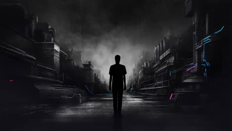 silhouette in an industrial cityscape