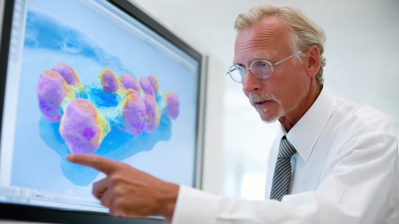 A scientist analyzes high-resolution microscopic images, highlighting complex structures and cellular interactions to enhance our understanding of molecular biology and disease mechanisms