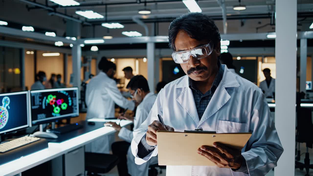A lab scene with scientists in white coats and goggles, viewed from a mid-angle