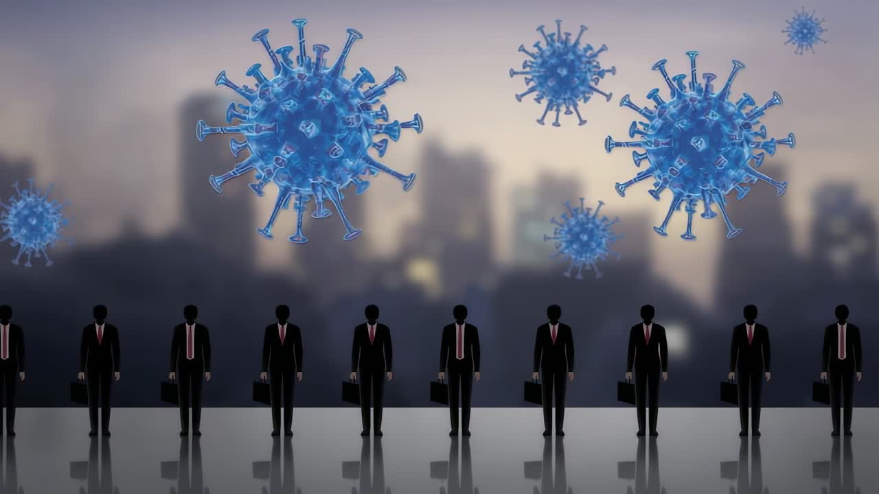 Drifting in blue virus icons clustering then dispersing above executives with briefcases on rooftop