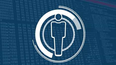 animation of digital figure icon over binary code, representing data and technology