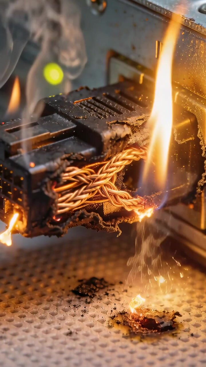 Vertical video: Burning black connector melting sheath, exposing braided copper wires at bench