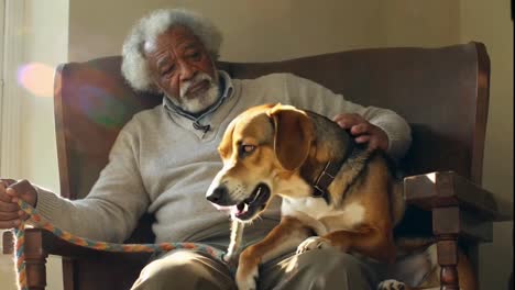 elderly african american man and his beagle dog napping in a chair.