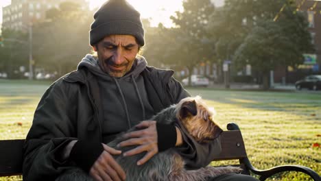 a heartwarming moment: the bond between a man and his dog as they share a quiet morning in the park, surrounded by nature's tranquility and soft light
