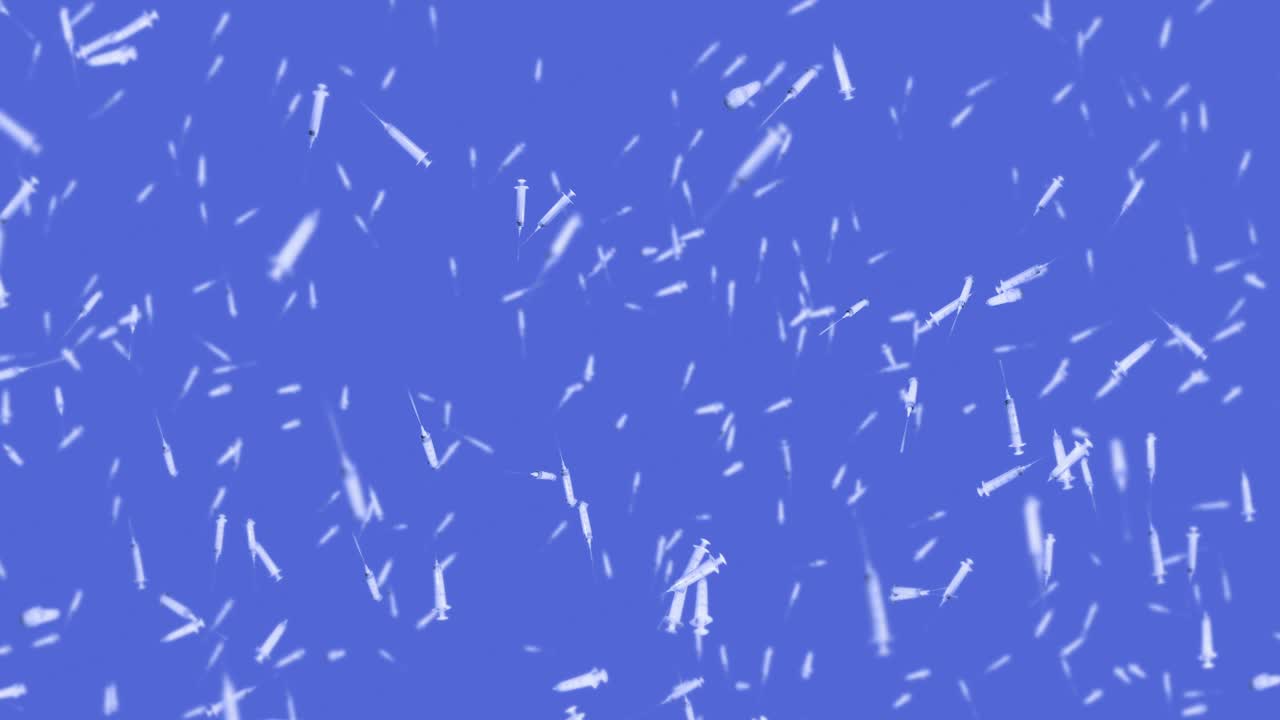 Flying many syringes for injection on blue background. Medical concept. Vaccine against the virus. Healthcare therapy. 3D loop animation.