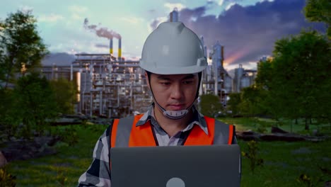 close up of asian male engineer with safety helmet working on a laptop while standing in front of oil refinery