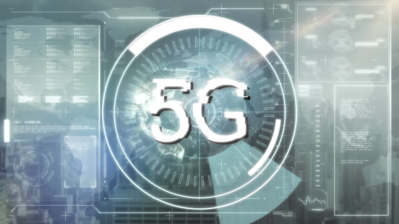 animazione 5g con guanto in un paesaggio urbano futuristico.