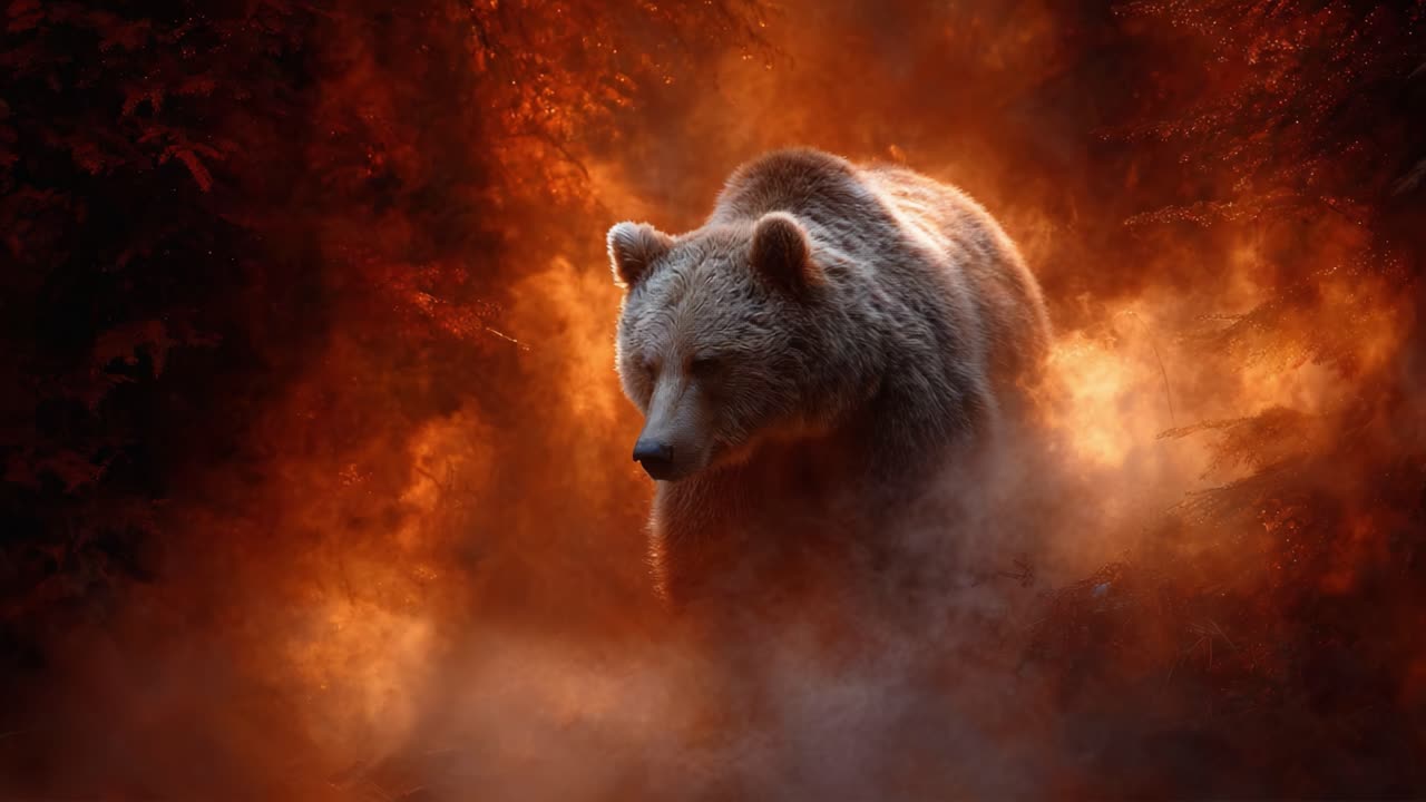 A Majestic Bear Stands Tall Amidst an Enigmatic Forest Backdrop, Shrouded in Mystical Mist and Fiery Hues, Showcasing Nature's Powerful Beauty and Raw Wilderness