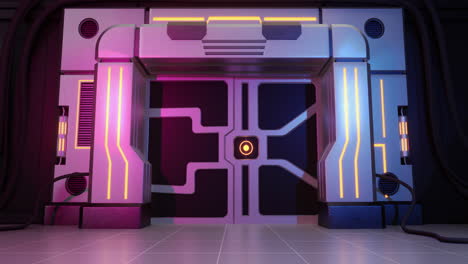 animation of neon gaming features with gates and spot lights on black background