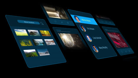 animation of interface with social media posts and people profiles on black background