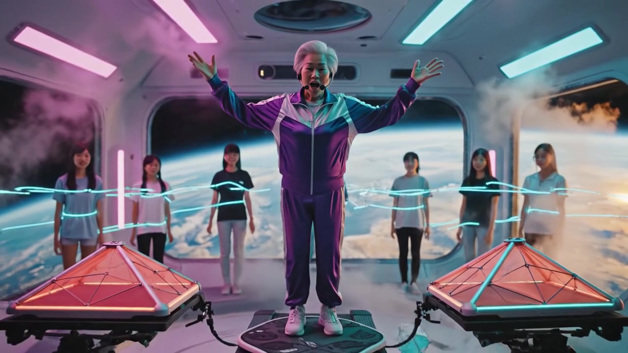 An Inspirational Figure Leading a Dynamic Exercise Routine in Space, Surrounded by Enthusiastic Participants and Futuristic Technology in a Stunning Sci-Fi Environment