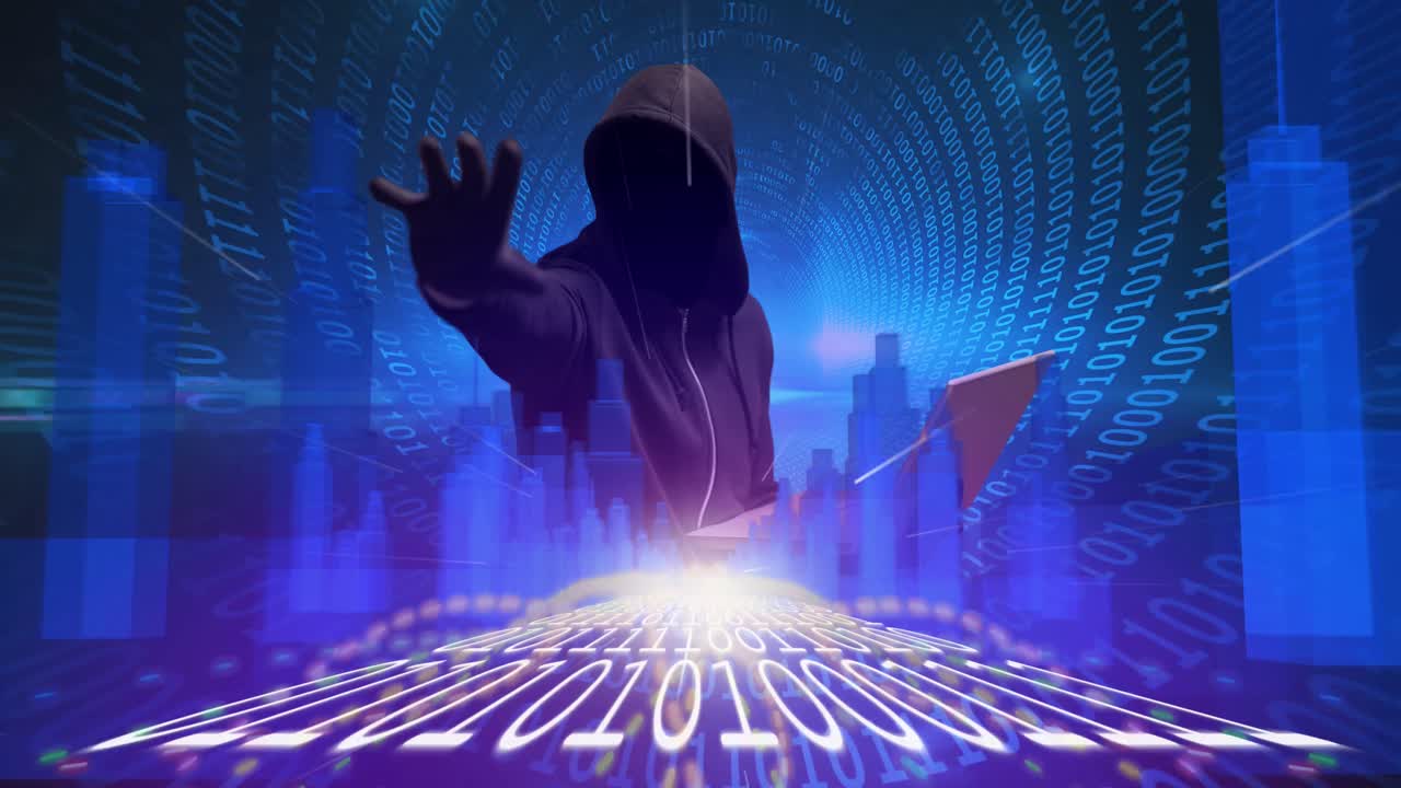 3d 도시 모델이 바이너리 코딩을 통해 후드 해커에 맞서고 있습니다.