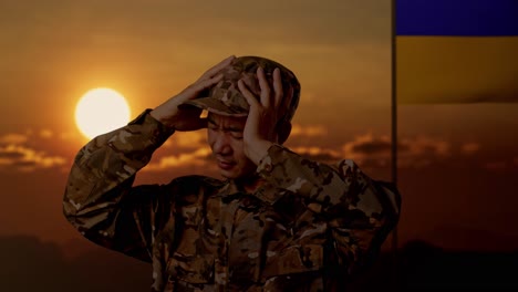 soldado ucraniano en apuros al atardecer