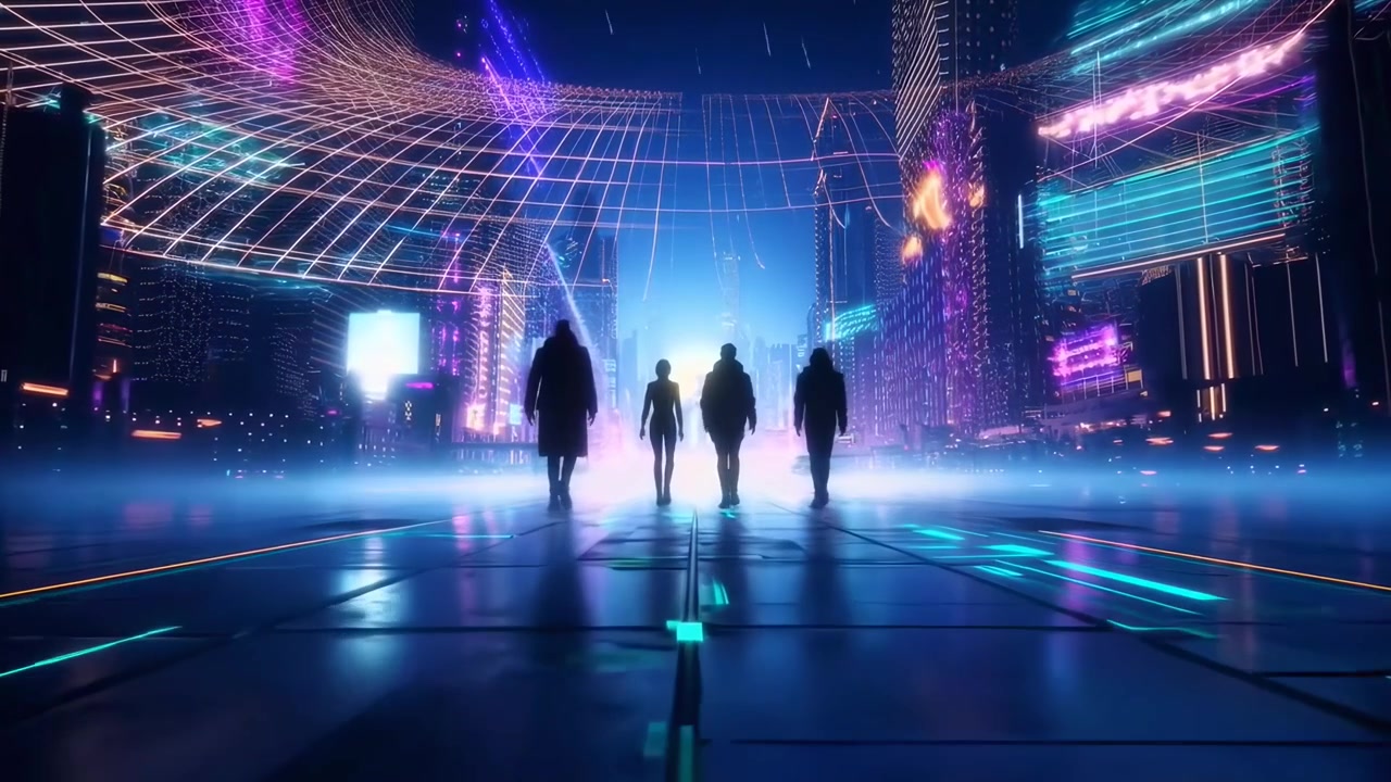 Four Silhouettes Walk Through a Vibrant Neon Futuristic City