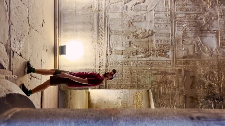 caucasian tourist photography the interior of Abu simbel temple in Egypt pharaoh civilisation stone carved statue sculpture in pyramids ruins complex UNESCO World Heritage