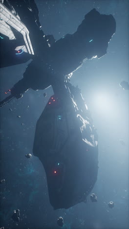 una nave espacial futurista flotando cerca de una estación espacial rodeada de asteroides