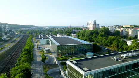 Aerial-top-view-of-innovation-development-hub---Pomeranian-Science-and-Technology-Park-Gdynia---at-sunset-on-a-summer-day