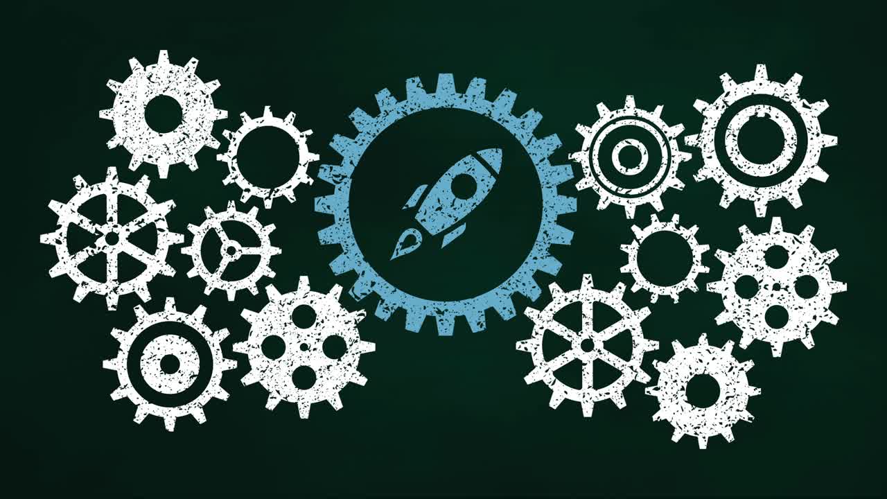 el concepto del mecanismo de engranajes de negocio en la pizarra. icono de cohete azul.