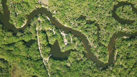 4k of slow spiral fall downward toward river surrounded by trees