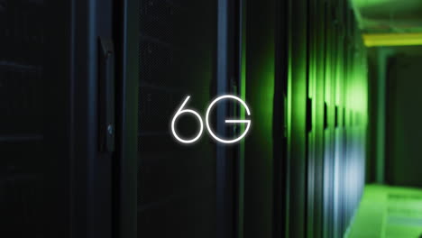 animación de un banner de texto de 6g contra una sala de servidores de computadora vacía