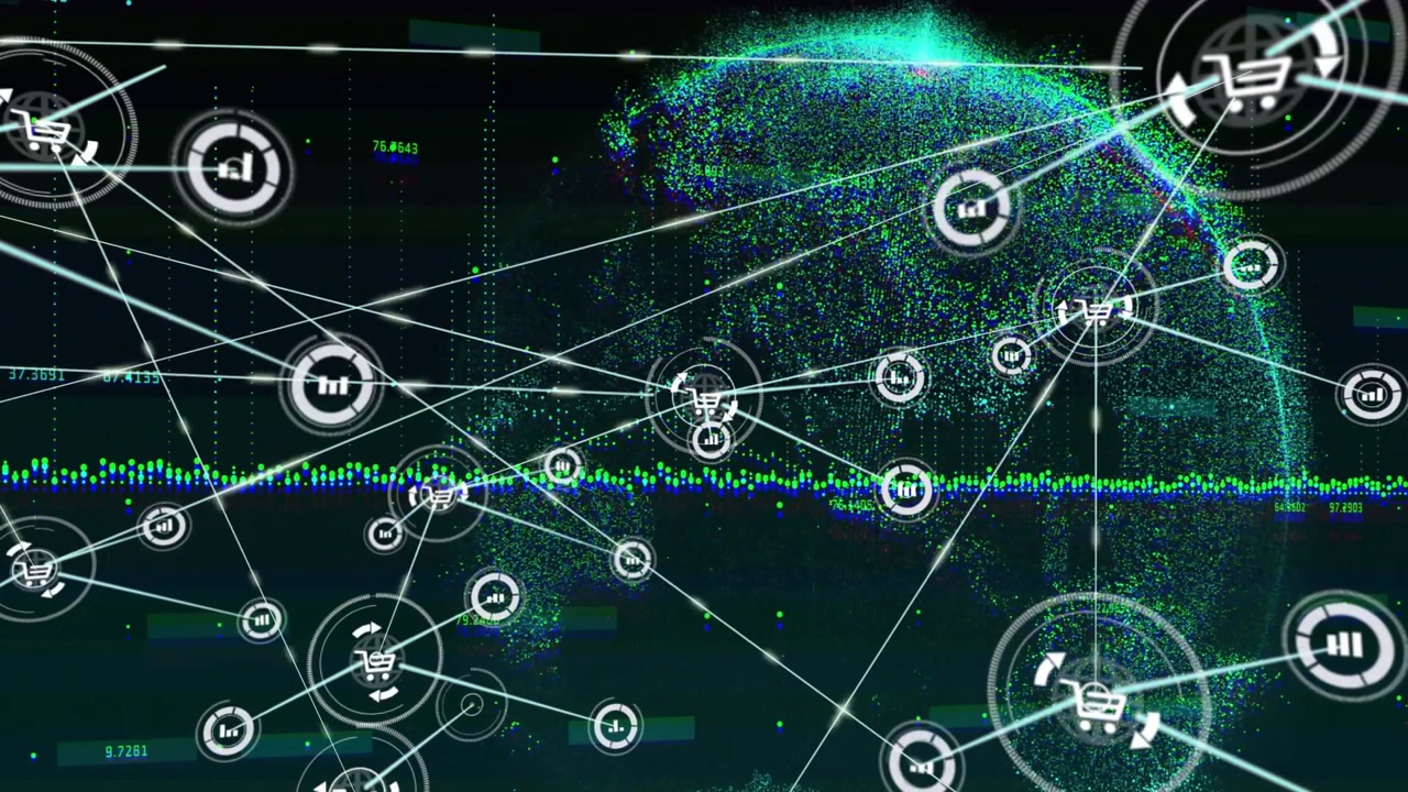 Central node pulsing, network expanding and linking cart or chart icons, showing global data flow