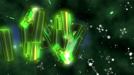 animación de diamantes verdes que se mueven sobre moléculas sobre un fondo negro