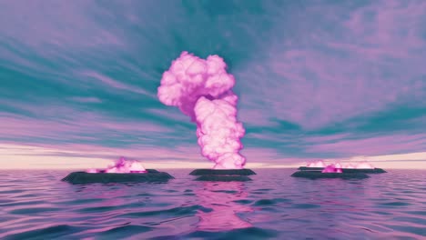 pink volcanoes erupting in a sea