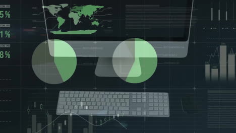 animación del monitor y el teclado de la computadora sobre gráficos y gráficos de procesamiento sobre fondo negro