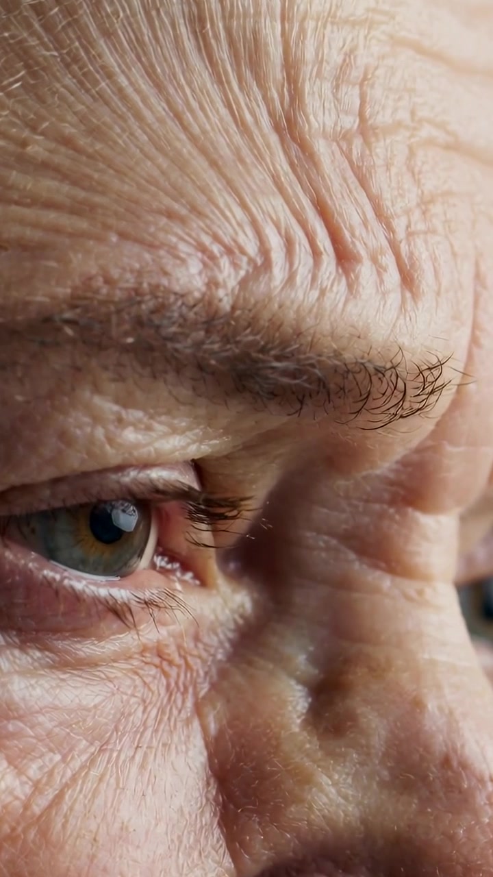 Video verticale: L'occhio destro di un anziano, a fuoco e che sbatte le palpebre, mostra l'iride color nocciola e il luccichio della cornea in studio.