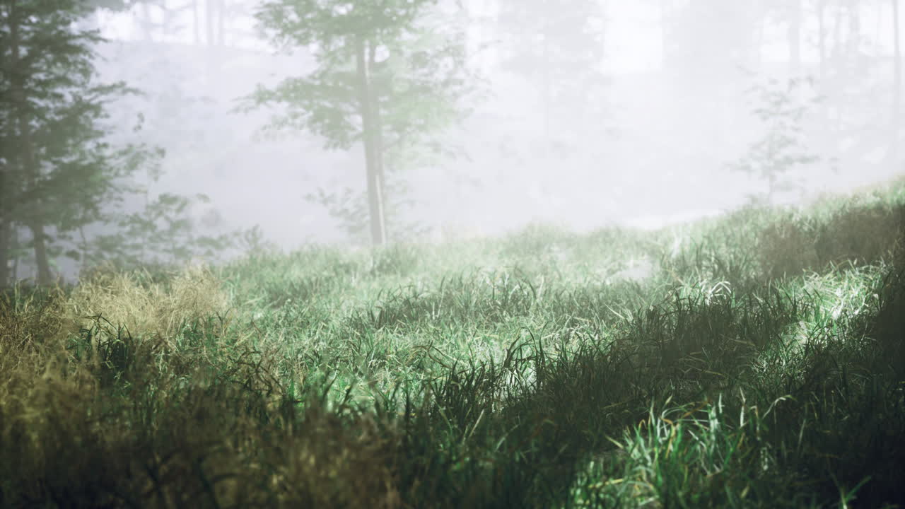 Misty morning light illuminates lush green grass in a tranquil forest setting