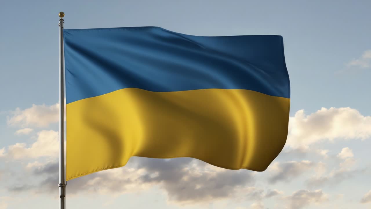 Ukrainian national flag flapping on metal flagpole under cloudy afternoon sky, triggered by breeze