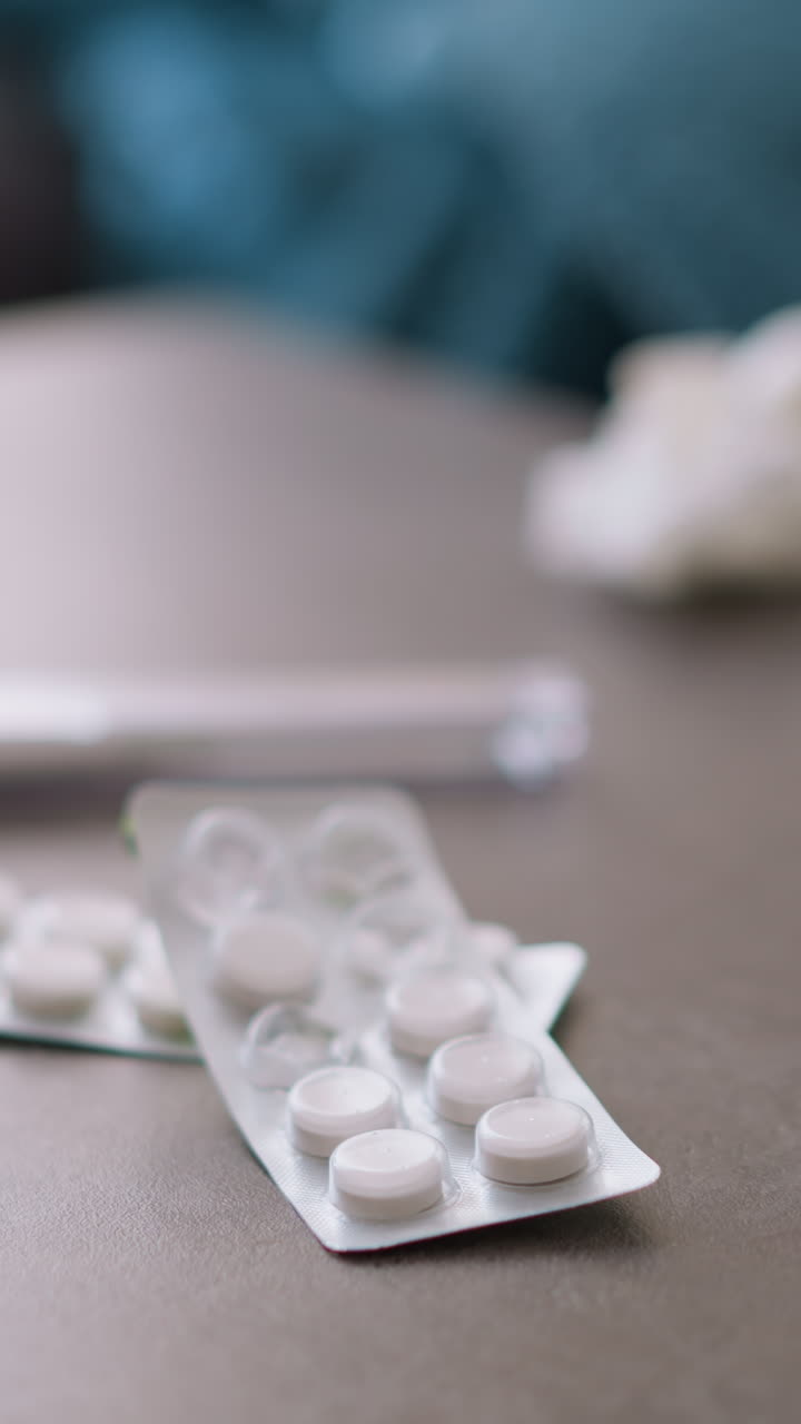 Close-up of drugs, used tissue, glass cup, and thermometer on table with light reflections, indicating illness recovery, showing signs of flu or cold, with a focus on medication and symptoms