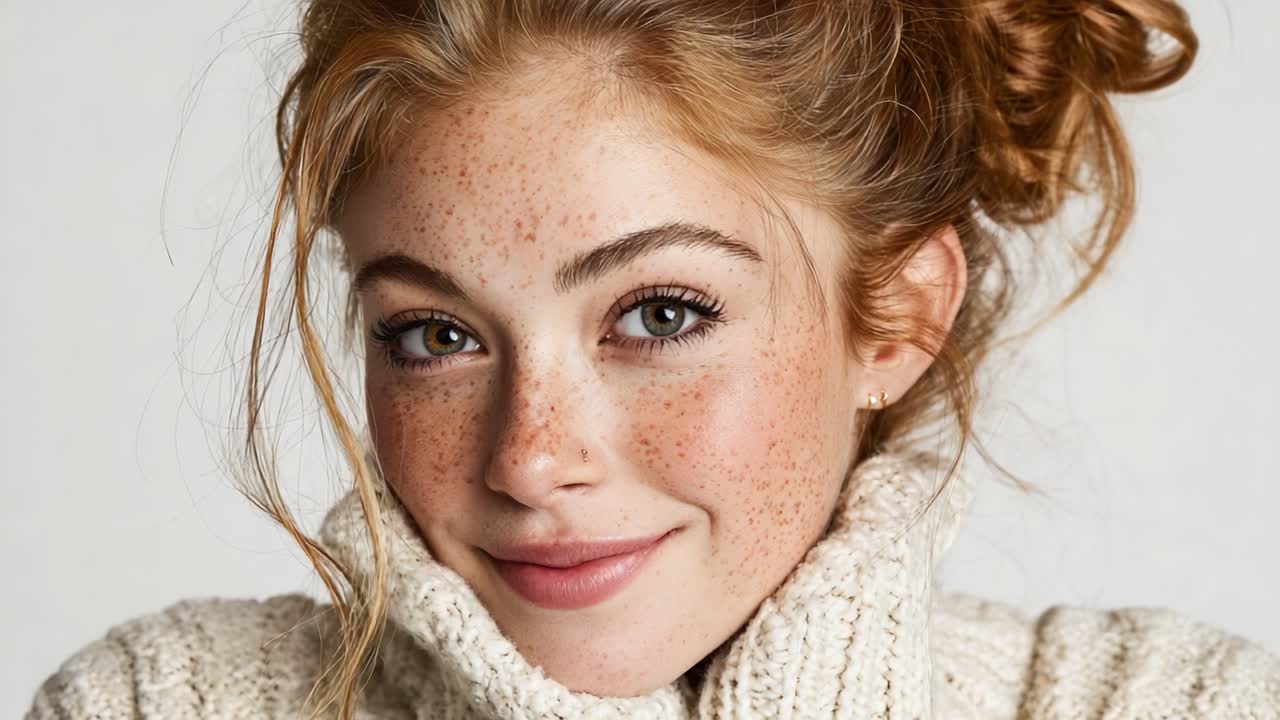 A Captivating Portrait of a Young Woman with Freckles and Natural Beauty, Smiling Warmly While Wearing a Cozy Sweater with a Soft, Inviting Expression