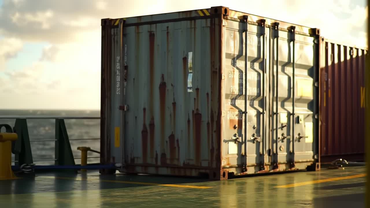 Rusty Shipping Container on Deck with Ocean View: A Visual Exploration of Maritime Cargo and Industrial Aesthetics Captured in Golden Light
